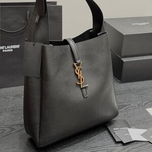 Saint Laurent Black Leather Shoulder Bag with Gold Logo